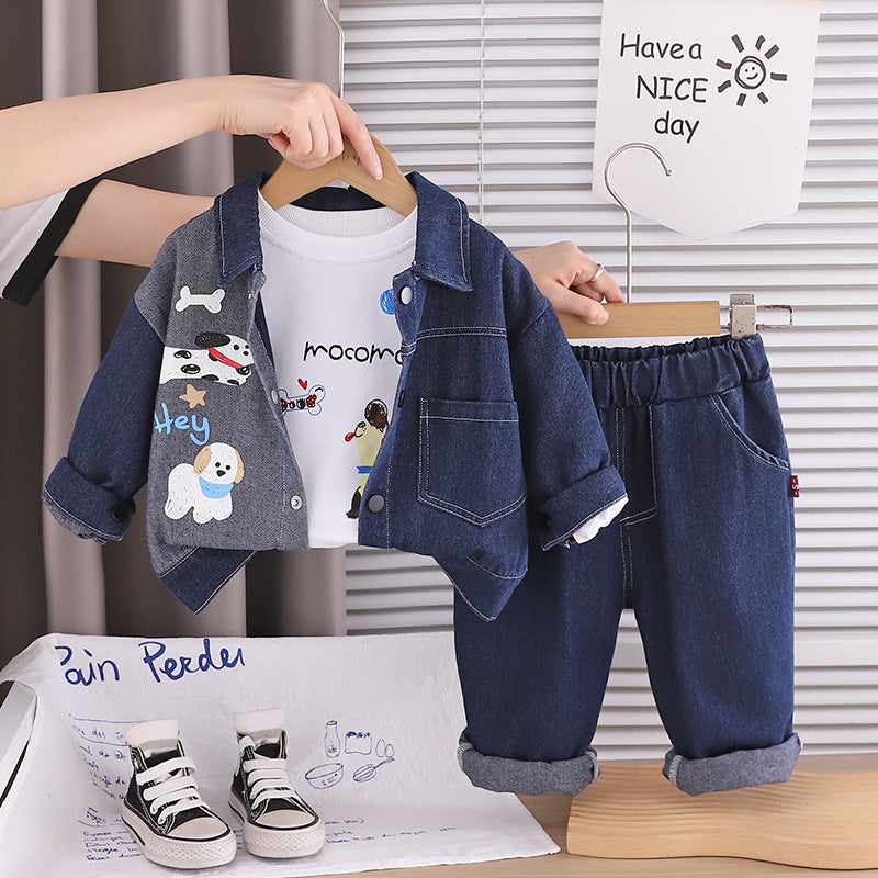 Baby Boy and Autumn Outfit 2026 New Fashionable Infant Spring Clothing Casual Puppy Denim Jacket Three-Piece Set