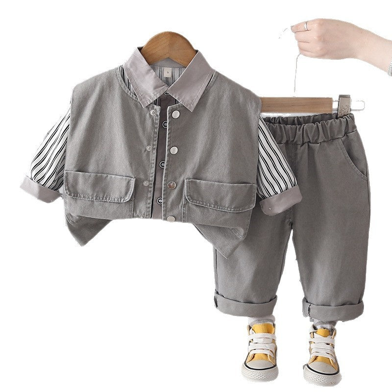 Boys' Outfit 2026 New Fashionable Children's Washed Cotton Three-Piece Set Baby Spring and Autumn Casual Trend