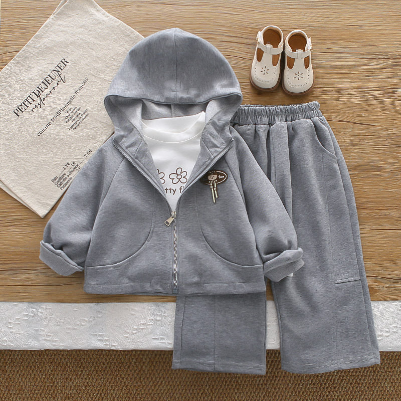Girls' and Autumn Zipper Hoodie Three-Piece Set Infant Casual Outfit 1-4 Years Old Baby Spring Clothes Stylish for Babies