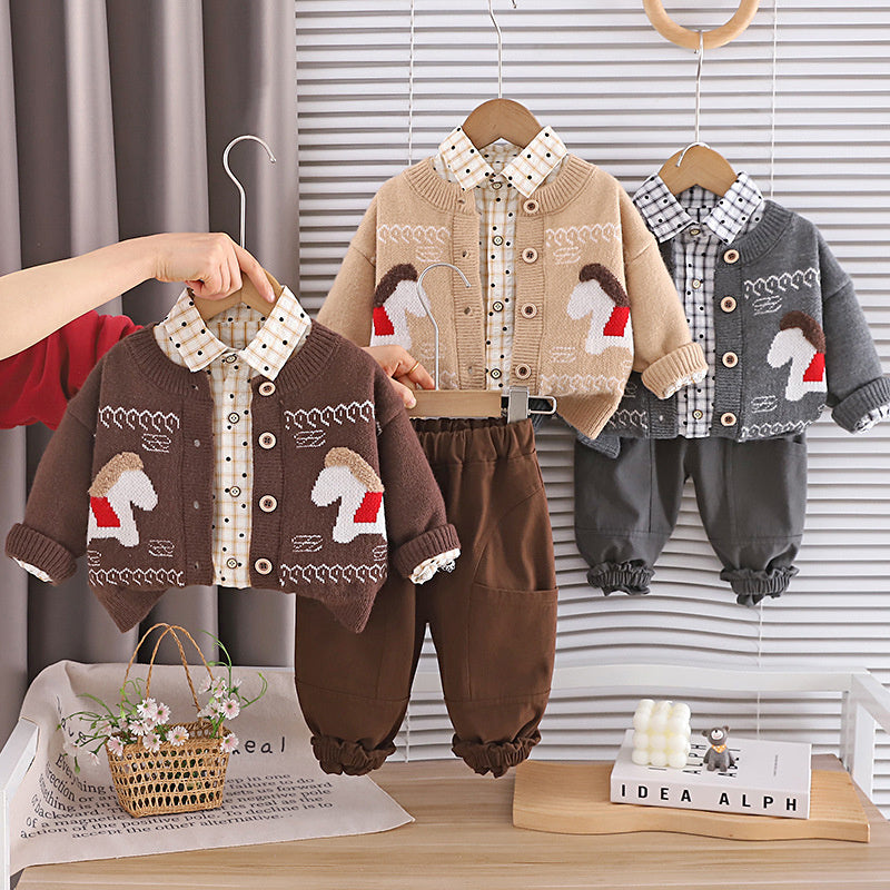 Boys' Outfit 2026 New Cool Stylish 4-Piece Sweater Cardigan Three-Piece Set Spring and Autumn Trendy Clothes for 1-Year-Old Boys