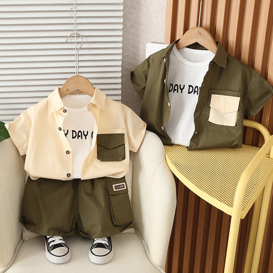 Boys' Short-Sleeve 2026 New Summer Outfit Baby Stylish Korean Version Children's Double-Pocket Shirt Three-Piece Trendy Set
