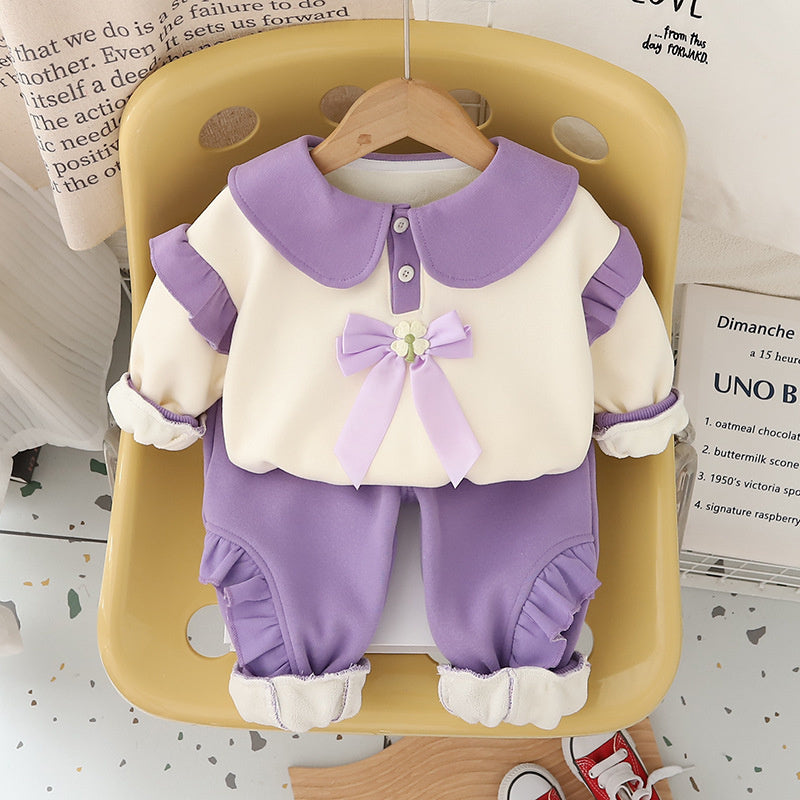 Baby Fleece-Lined Bunny Bowknot Sweatshirt for Girls, 2025 New Autumn/Winter Thickened Infant Two-Piece Set