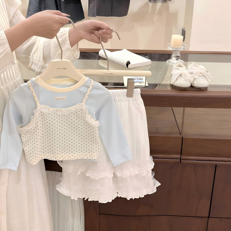 Girls' Outfit 2026 New Fashionable Baby Girl Autumn Clothing Children's Polka Dot Strap Three-Piece Set Wholesale