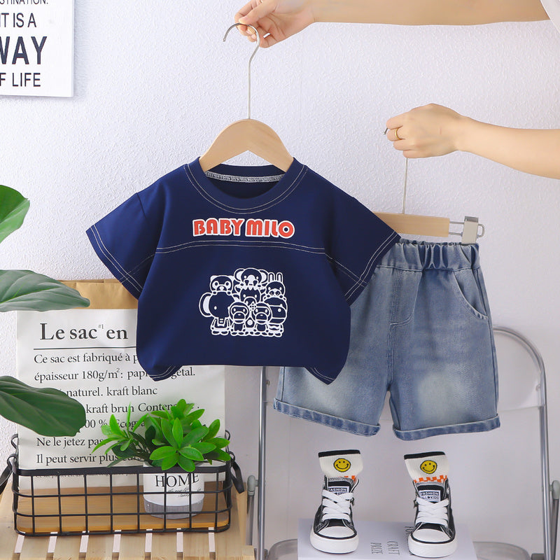 Boys' new style cute animal round-neck short-sleeve clothing for children, baby and infant two-piece summer outfit