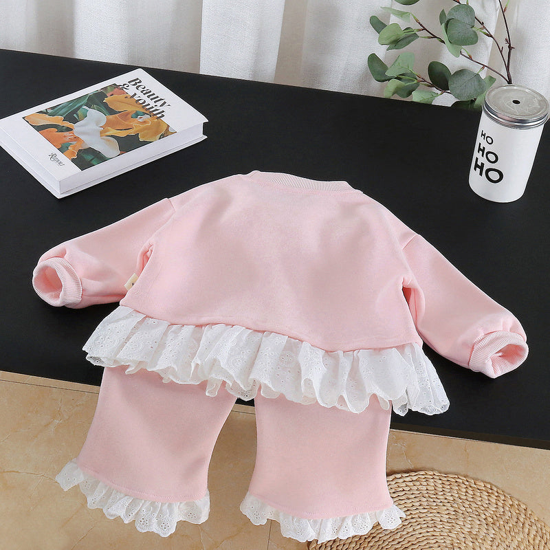 Girls' stylish hem lace sweatshirt spring and autumn set 2026 new children's fashion baby floral two-piece trendy outfit