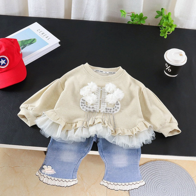 Girls' Outfit 2026 New Style Baby Girls Toddlers, Stylish Korean Version with Floral Lace Two-Piece Set for Spring and Autumn