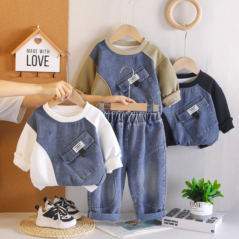 Boys' Outfit 2026 New Baby Boy Large Pocket Sweatshirt Korean Style Casual Children's Spring and Autumn Two-Piece Set