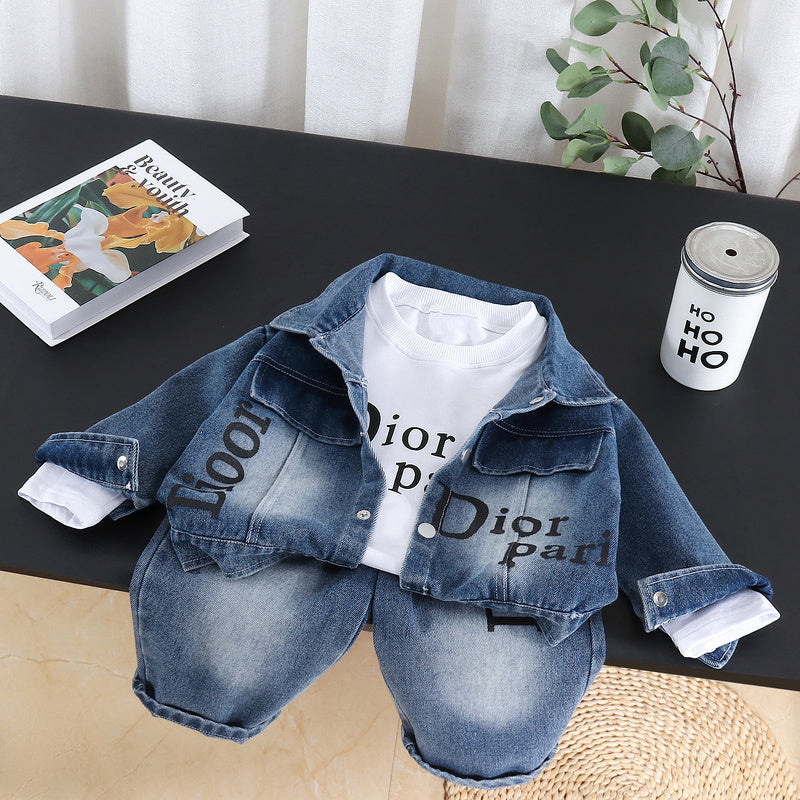 Boys' Letter Print Denim Suit Outfit 2026 New Trendy Children's Clothing Baby Spring and Autumn Fashionable Three-Piece Set