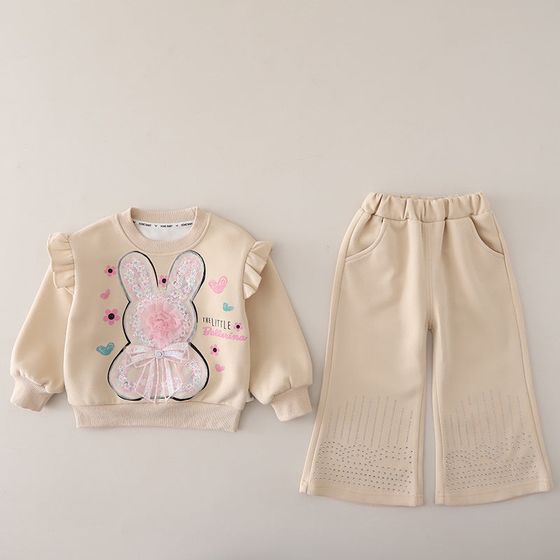 Baby girl casual rabbit sweatshirt two-piece set, children's fashionable outfit, girls' sporty spring and autumn long-sleeve clothing trendy