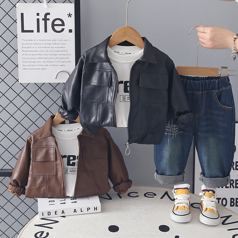 Baby Boy Outfit 2026 New Style Boys' Square-Pocket Leather Jacket Three-Piece Set Stylish Spring and Autumn Clothes for Little Boys