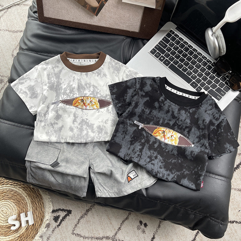 Zipper Cat Short Sleeve 2026 New Children's Outfit Baby Two-Piece Set Boys' Summer Fashion