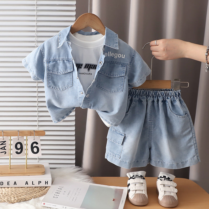 Children's Outfit 2026 Summer New Korean Style Boys' Stylish Short-Sleeve Letter Denim Baby Three-Piece Set