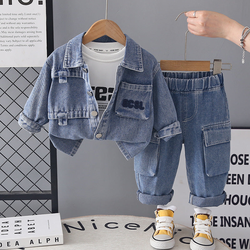 Boys' Baby Letter Embossed Pocket Denim Three-Piece Set 2026 New Stylish Autumn Outfit for Children Wholesale
