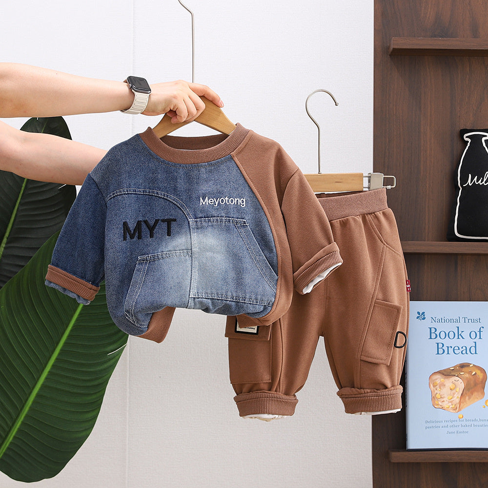 Children's Autumn Clothing for Boys 1-3 Years Old, Cute Outfit, Two-Piece Set with Denim Sleeves, Trendy Baby Clothes 2