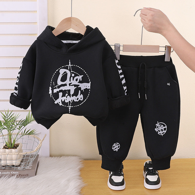 Baby Clothes Autumn and Winter, Korean Style Fleece-Lined Hooded Sweatshirt Two-Piece Set for Boys Aged 1-4 Years, Wholesale Children's Clothing