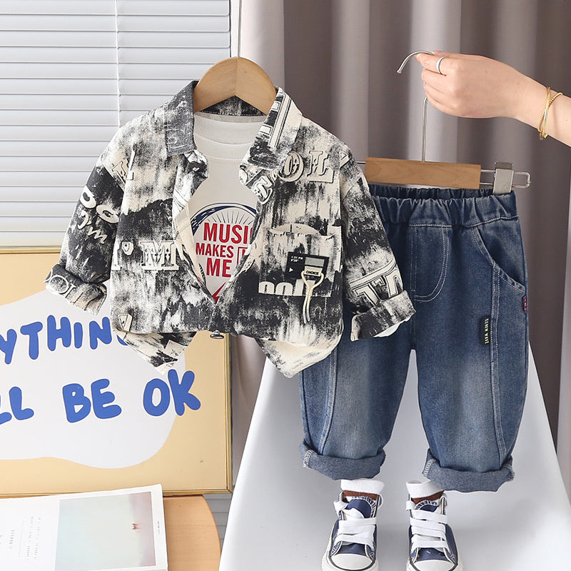 Boys' Suit and Autumn Style Baby Spring 2026 New Fashionable Letter Print Jacket Three-Piece Casual Children's Outfit