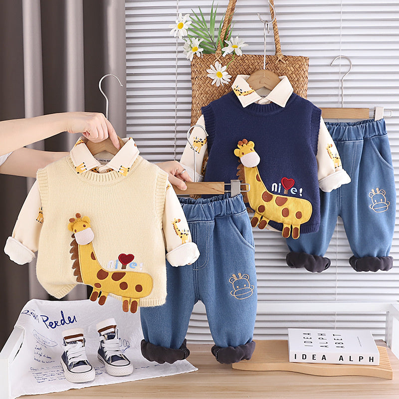 Baby Boy Thickened Giraffe Vest Three-Piece Set 2025 New Infant Children Autumn Winter Warm Clothing