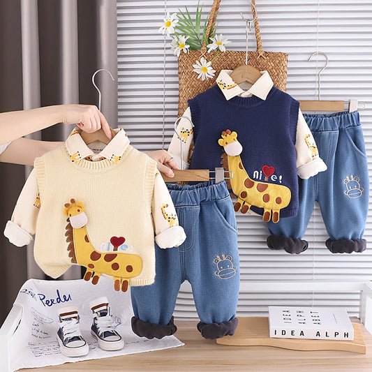 Baby Boy Thickened Giraffe Vest Three-Piece Set 2025 New Infant Children Autumn Winter Warm Clothing