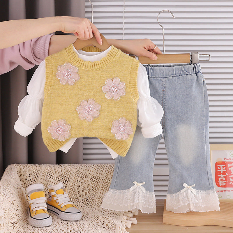 Girls' and Autumn Outfit 2026 New Style Baby Girl Fashionable Sweet Floral Children's Spring Sweater Three-Piece Set Trendy