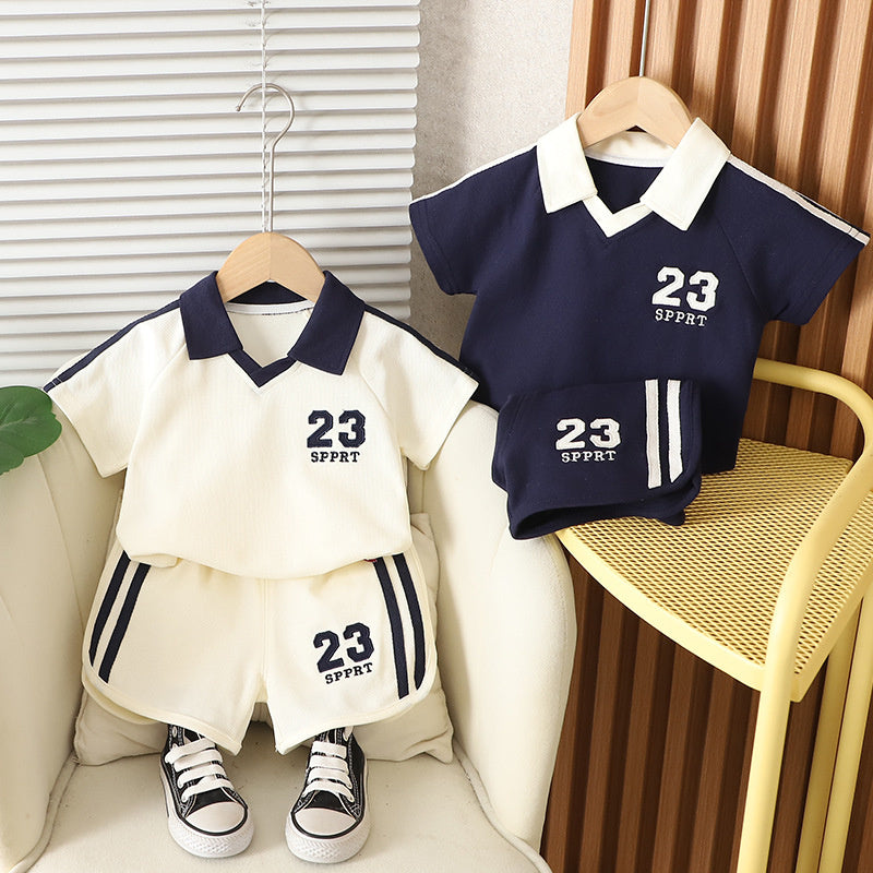 Children's Outfit Digital Turn-Down Collar Short Sleeve Set 2025 New Cool Handsome Boys Baby Summer Thin Clothes
