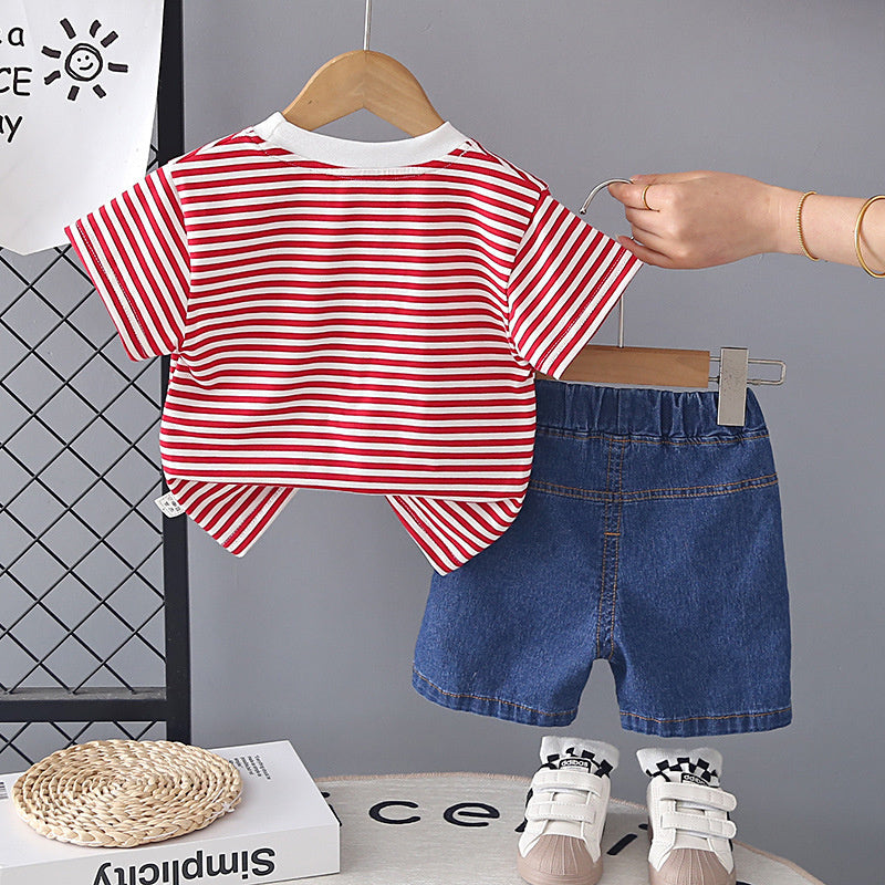 Boys' Short-Sleeve Summer Outfit 2026 New Children's Cartoon Cute Striped Heart Baby Shorts Two-Piece Set Trendy