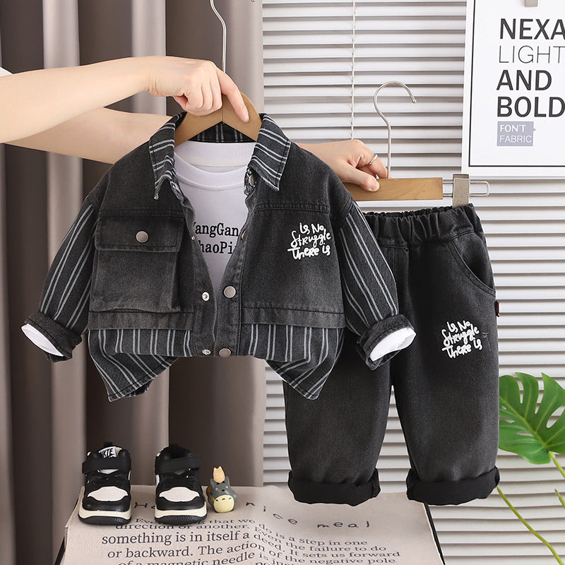 Boys' Spring and Autumn Casual Outfit 2026 New Style Baby Fall 1-3-5 Years Old Vertical Stripe Patchwork Denim Three-Piece Set Trendy