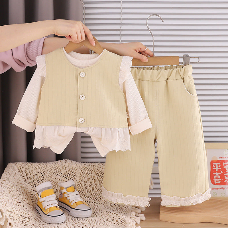 Stylish Spring and Autumn Outfit for Girls, 2026 New Korean Fashionable Baby Girl Lace Vest Three-Piece Set
