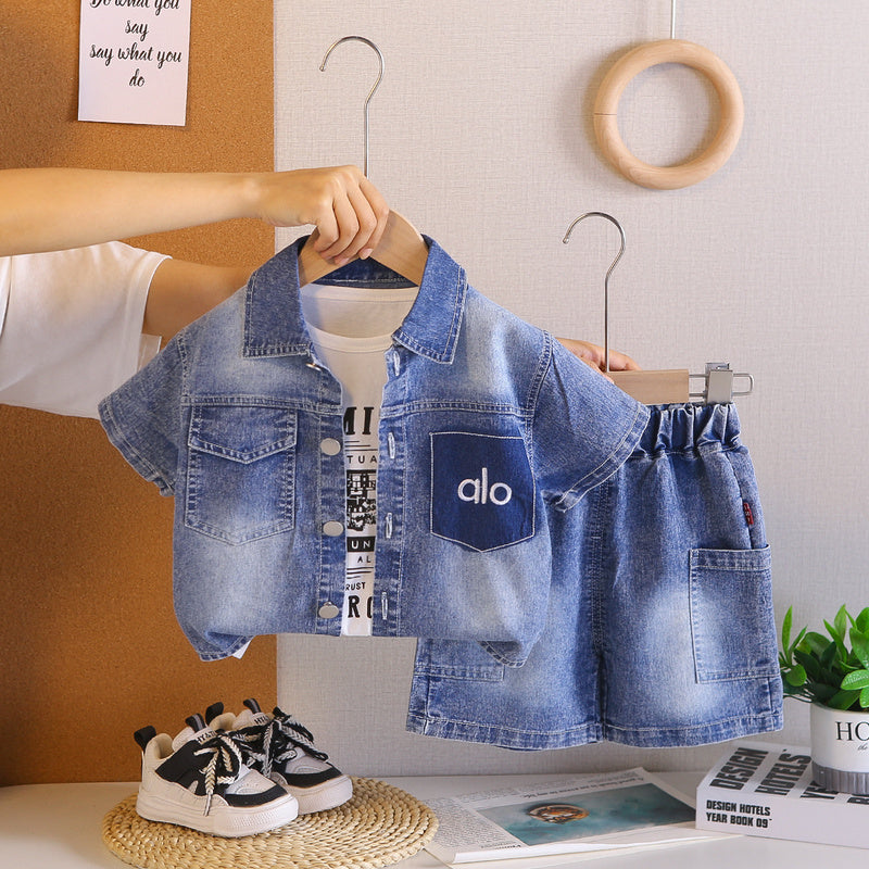 Baby Boy Outfit New Fashionable Infant Children's Faux Pocket Denim Three-Piece Set Cute Boys' Summer Clothes