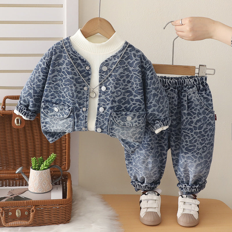 Girls' Outfit 2026 Children's Leopard Print Denim Three-Piece Set Baby Korean Style Spring and Autumn Fashion New Wholesale