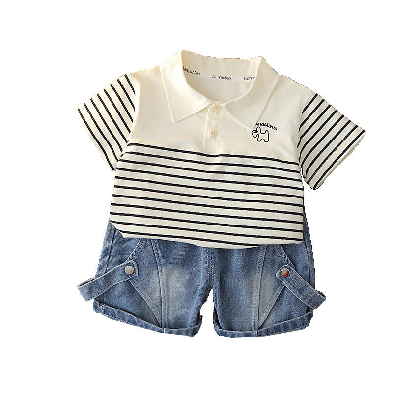 Boys' Outfit 2026 New Fashionable Set for 1-3 Year Olds, Children's Summer Clothes with Patchwork Short Sleeves