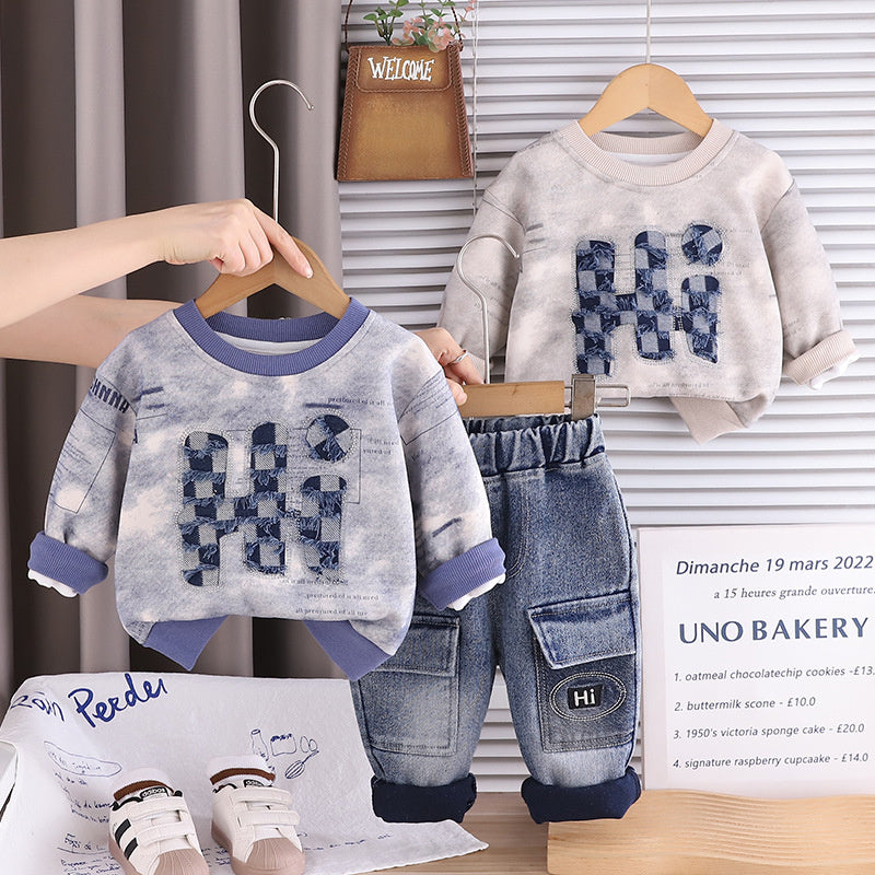 Boys Spring and Autumn 2025 Casual Suit Baby Boy New 1-5 Years Old Long Sleeve Letter Sweatshirt Denim Two-piece Set