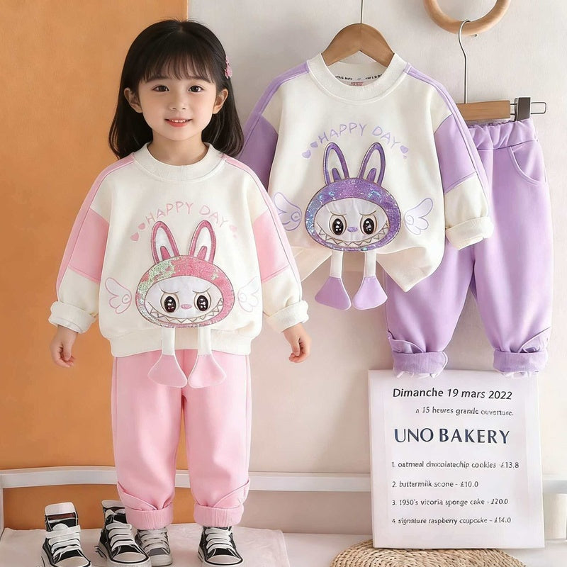 Girls' Sequin Cartoon Sweatshirt 2026 New Fashionable Children's Spring Outfit Two-Piece Set for Baby Girls