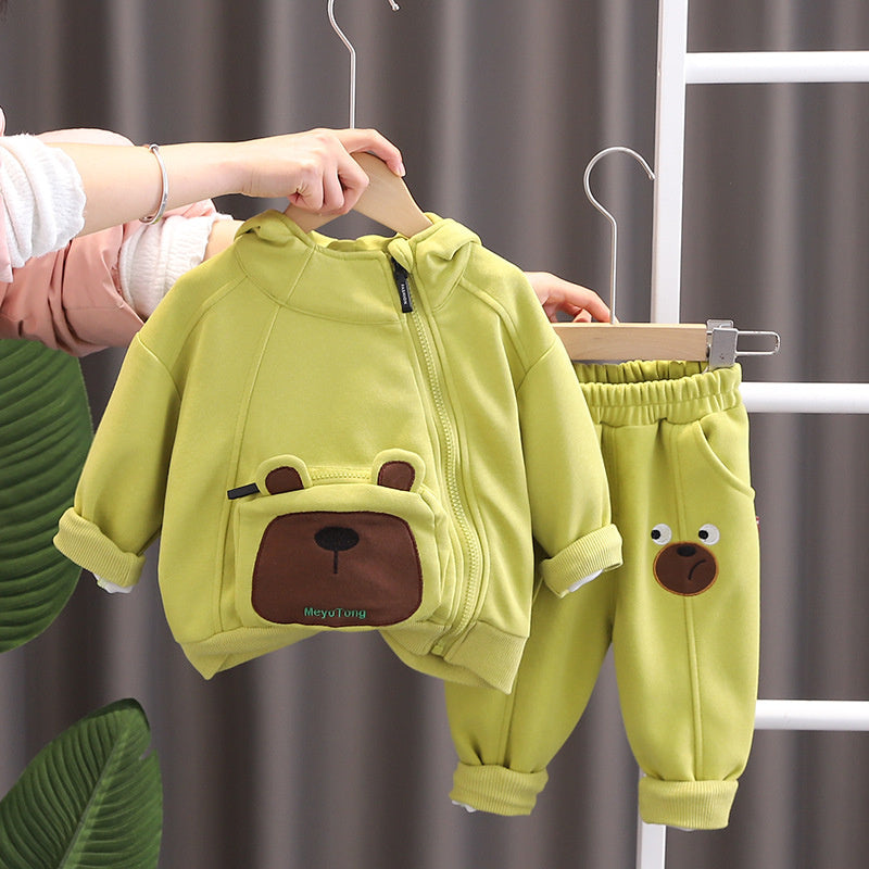 Boys' Spring Outfit with 3D Pocket Bear Zipper 2024 New Fashionable Children's Casual Two-Piece Set