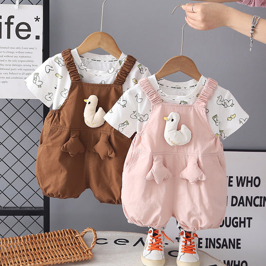Boys and girls short-sleeve 2026 new summer fashionable children's clothing duckling suspender two-piece set
