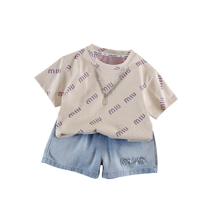 Children's Summer Outfit 2026 Model, Thin Casual Two-Piece for Boys Girls, Short-Sleeve Set with Chain and Full Letter Print, Trendy