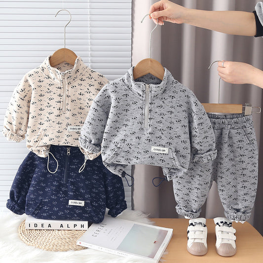 Boys Girls Spring and Autumn Outfit 2026 New Fashionable Children's Floral Casual Half-Zip Sports Sweatpants Set
