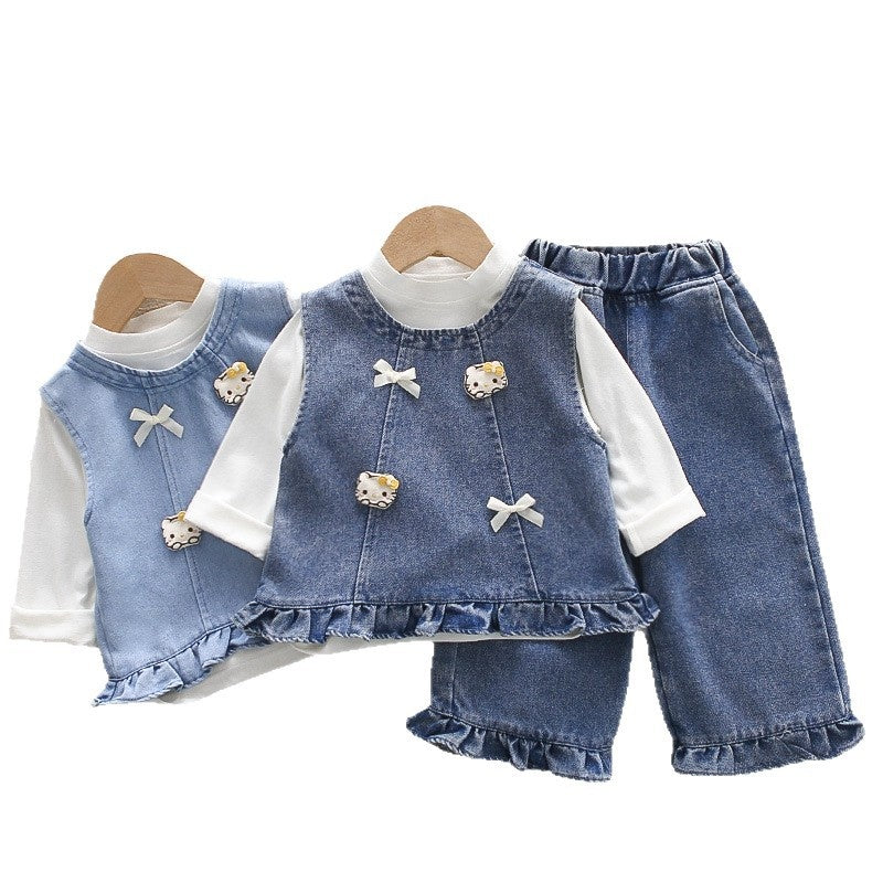 Girls' Autumn Outfit 2026 Spring-Autumn New Style Children's Long-Sleeve Bowknot Kitten Three-Piece Set for Stylish Babies