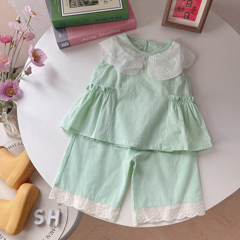 Baby Sleeveless 2026 New Girls' Clothes Summer Outfit Embroidered Collar Shorts Infant Two-Piece Set