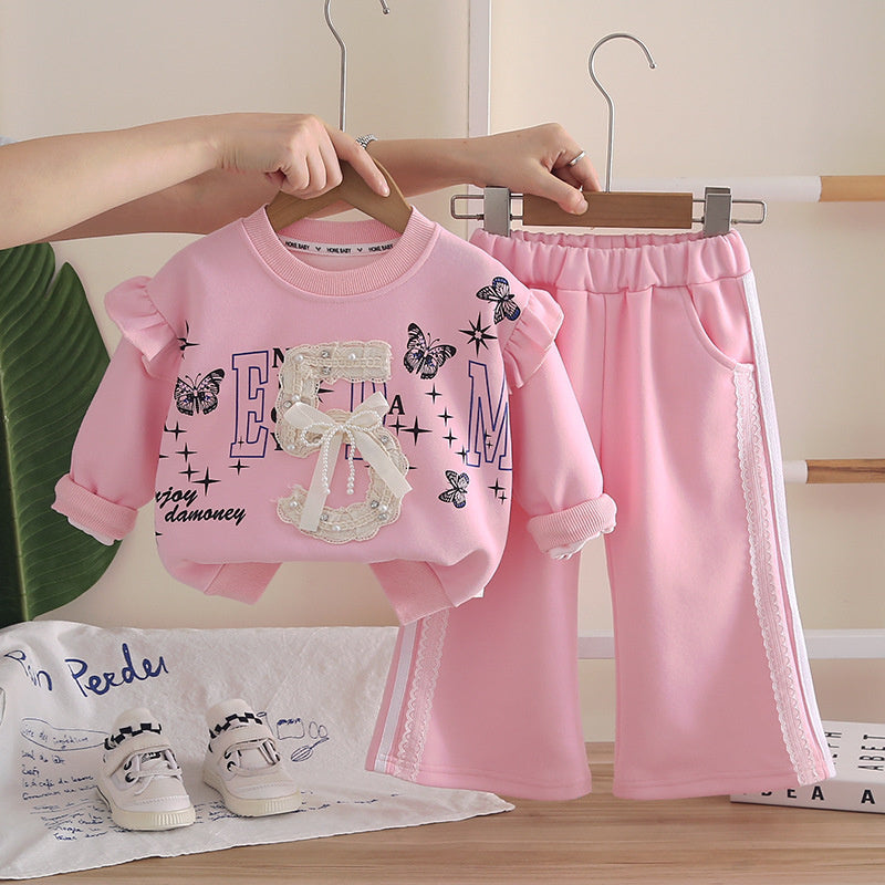 Girls' Fashionable Sporty Digital Print Bow Sweatshirt Set Baby Autumn Stylish Infant Children's Clothing Wholesale