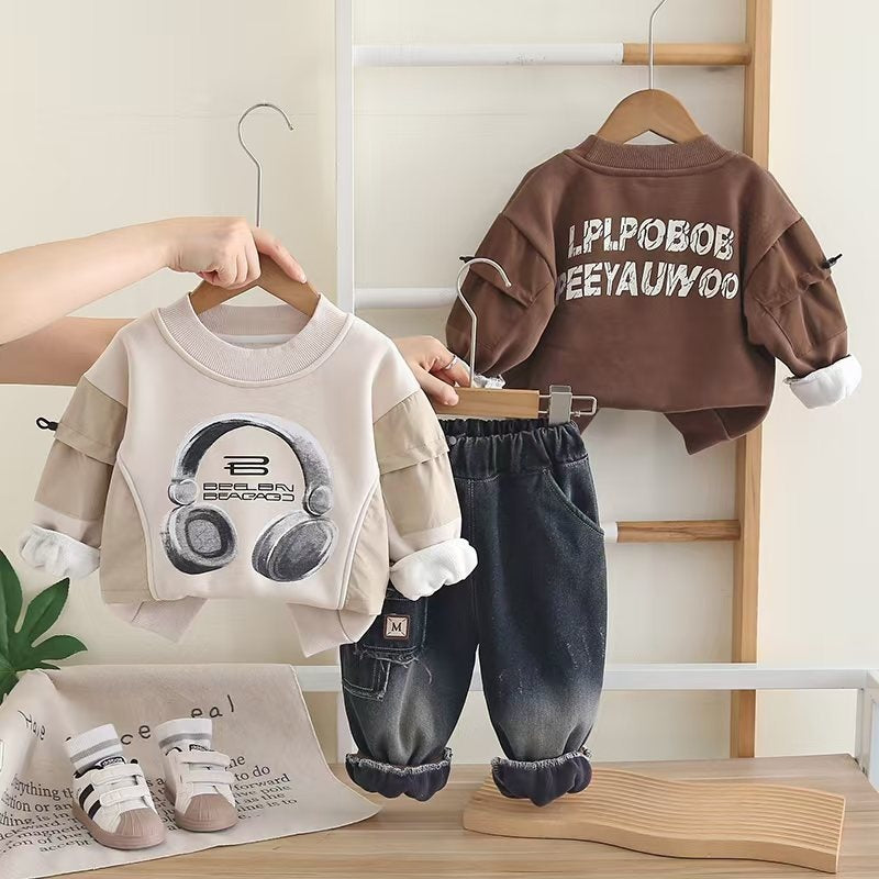 Boys' Autumn Baby Fleece Sweatshirt Two-Piece Set Children's Winter Infant Toddler Clothing Manufacturer One-Piece Dropshipping