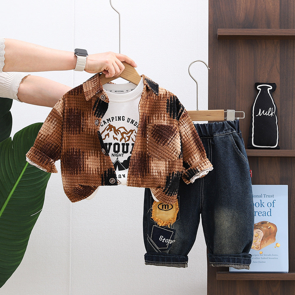 Boys' spring outfit set, clothing for boys aged 1-2-3 years, baby clothes, children's checkered shirt three-piece trendy set