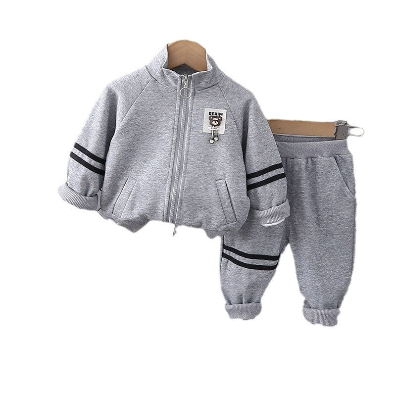 2024 Zipper Bear Logo Solid Color Clothing Boys and Girls Long Sleeve Two-Piece Children's Autumn Outfit Set