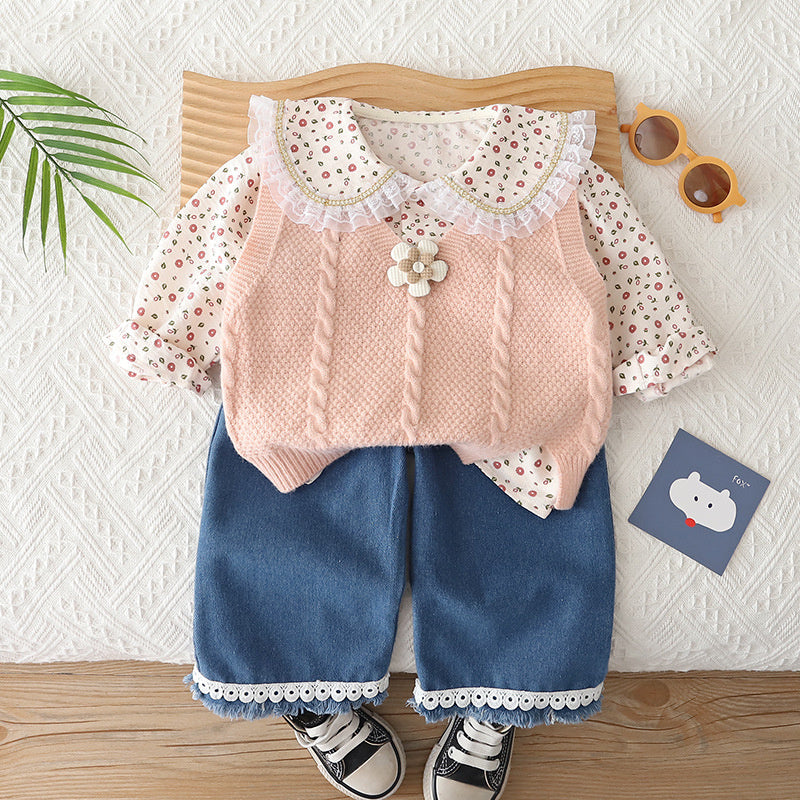 Girls' Floral Sweater Set for and Autumn 2026 New Fashionable Korean Style Baby Girl Spring Outfit