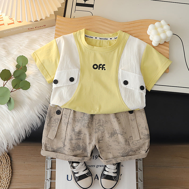 Boys' Outfit 2026 New Fashionable Baby Two-Piece Set with Double-Button Faux Pockets and Short Sleeves, Children's Summer Clothing