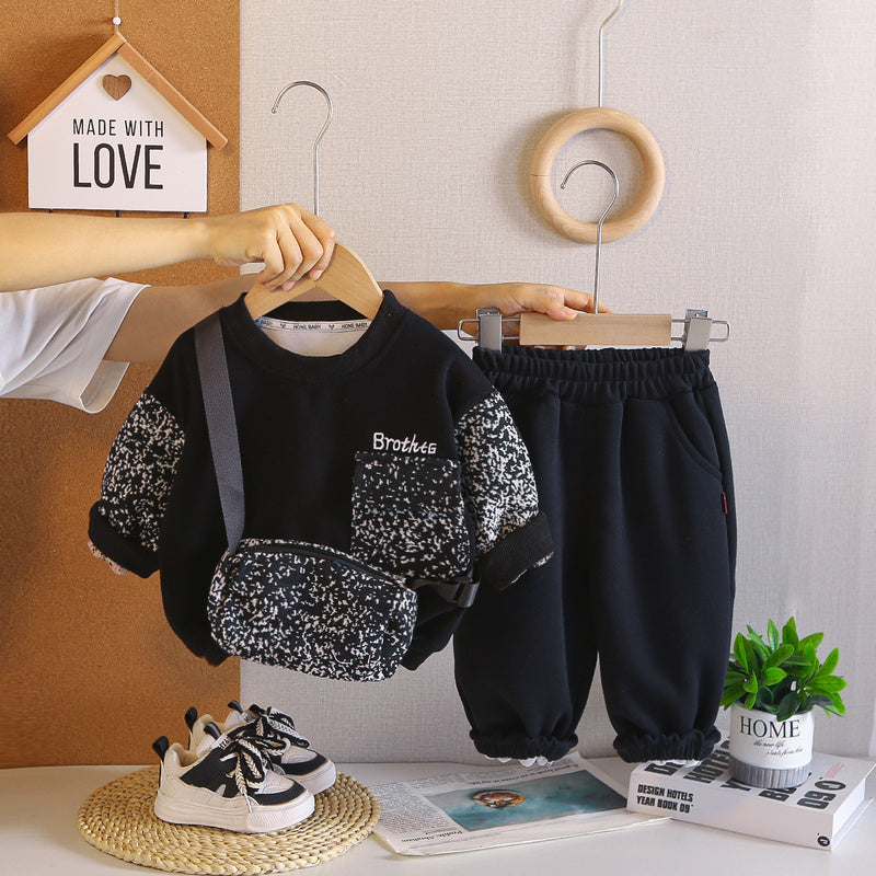 Boys' Outfit for Spring and 2026 New Style Baby Autumn Clothing Korean Version Casual Round Neck Hoodie Two-Piece Set Wholesale
