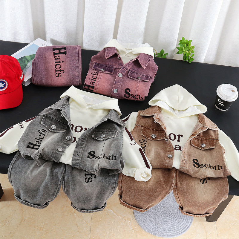 Boys' Outfit 2026 New Style Children's Spring and Fashionable Letter Denim Vest Three-Piece Set for Toddlers in Autumn