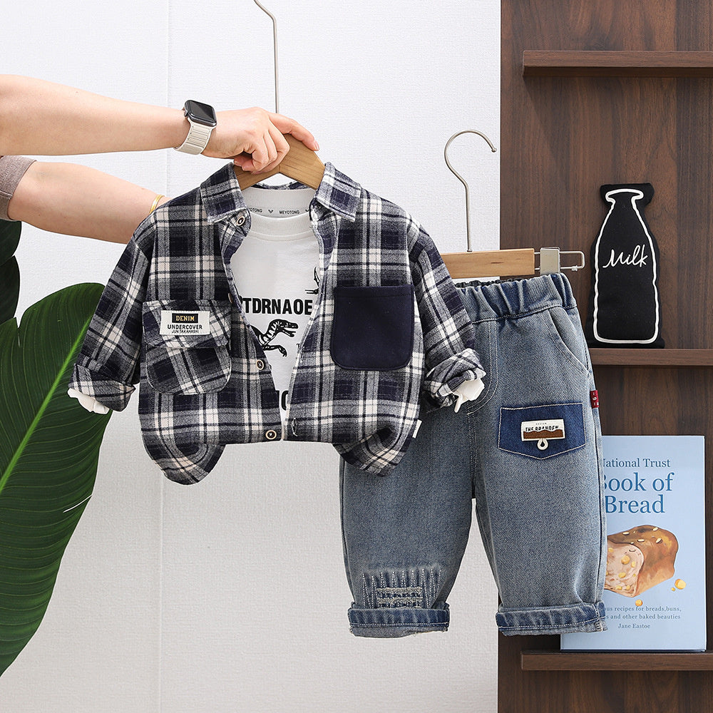 Stylish trendy children's clothing boys, baby outfit, dinosaur plaid shirt three-piece set, 2026 new model for infants in spring and autumn