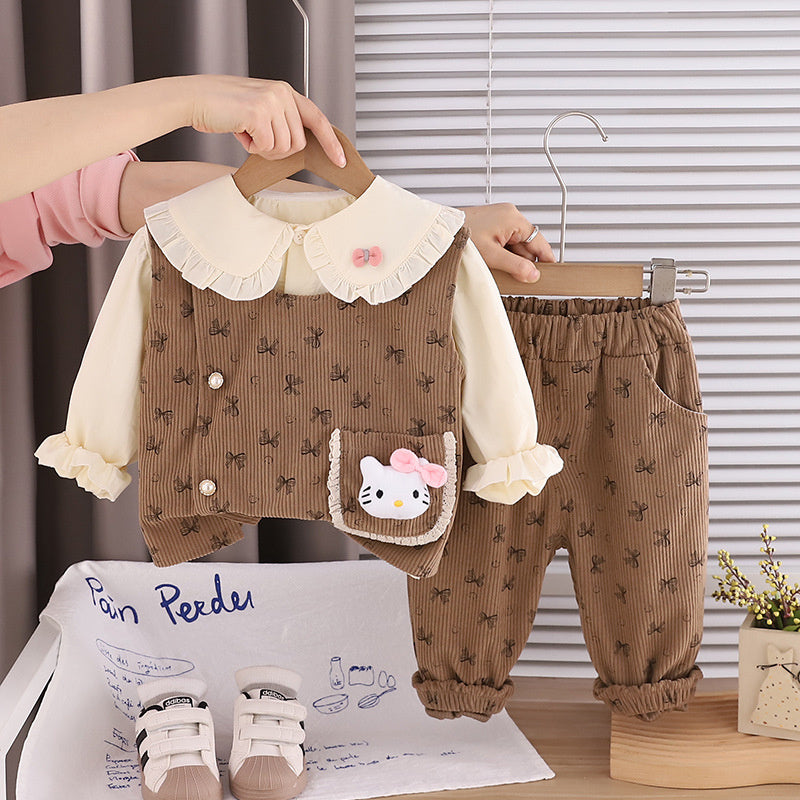 Girls' Outfit 2026 New Fashionable Children's Spring and Autumn Corduroy Bow Three-Piece Set for Girls