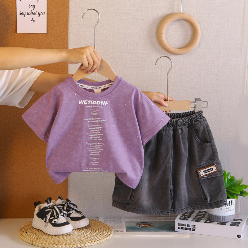 Baby boy outfit children's clothing ages 1-3, stylish summer style for boys, small letter print short-sleeve two-piece set, trendy