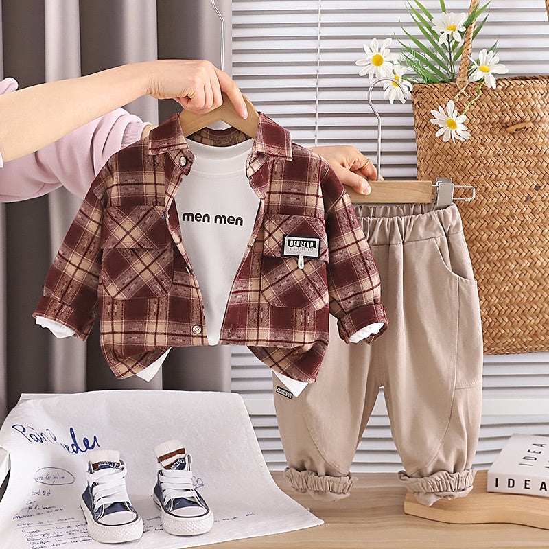 Boys' Outfit 2026 New Fashionable Children's Spring and Autumn Baby Stylish Casual Plaid Shirt Three-Piece Set